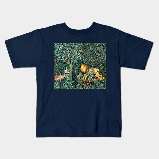 GREENERY, FOREST ANIMALS Lion and Hares Blue Green Floral Kids T-Shirt by BulganLumini